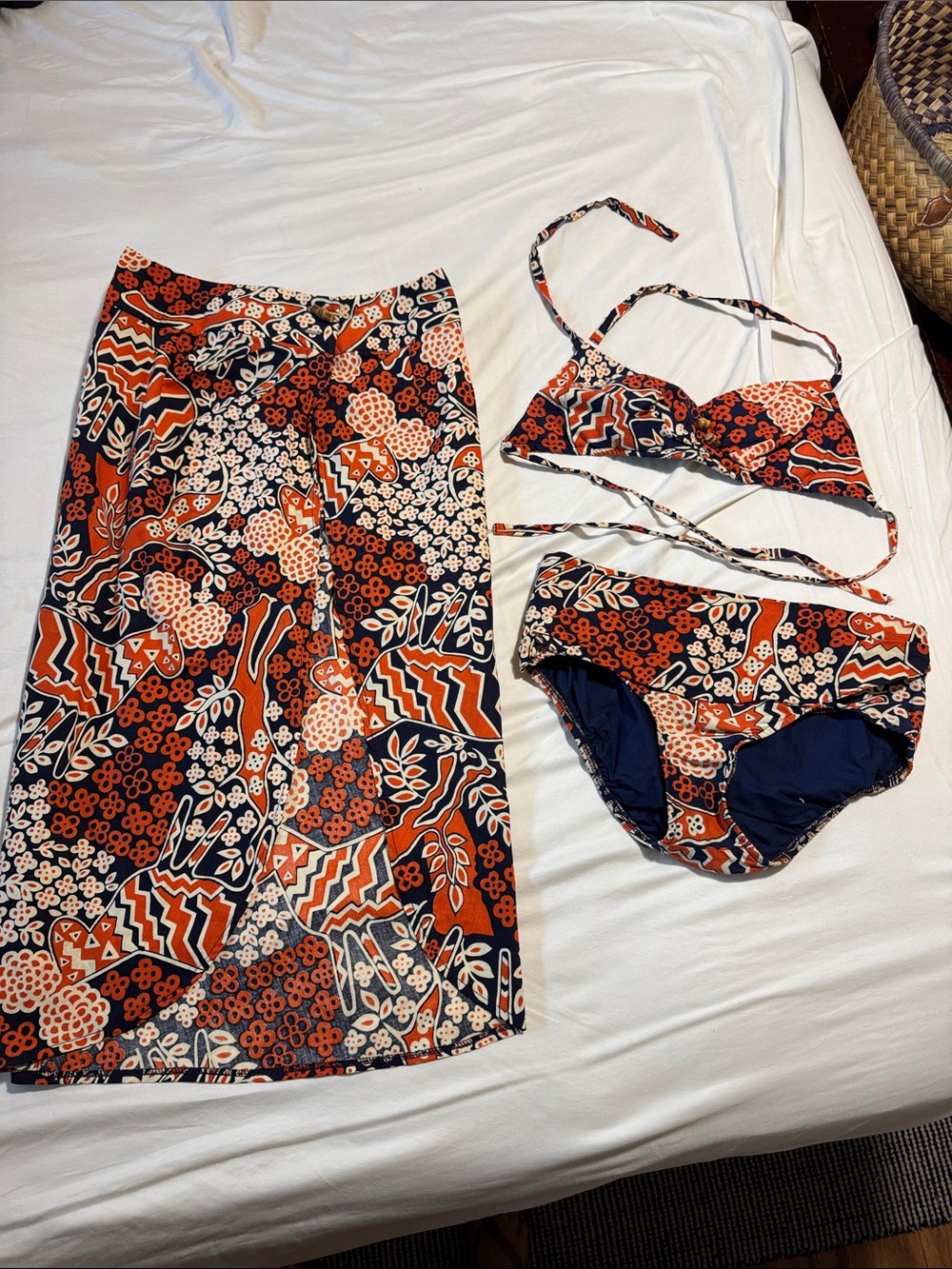 Three-Piece vintage, 100% cotton Bikini Set with Skirt - Orange Navy White